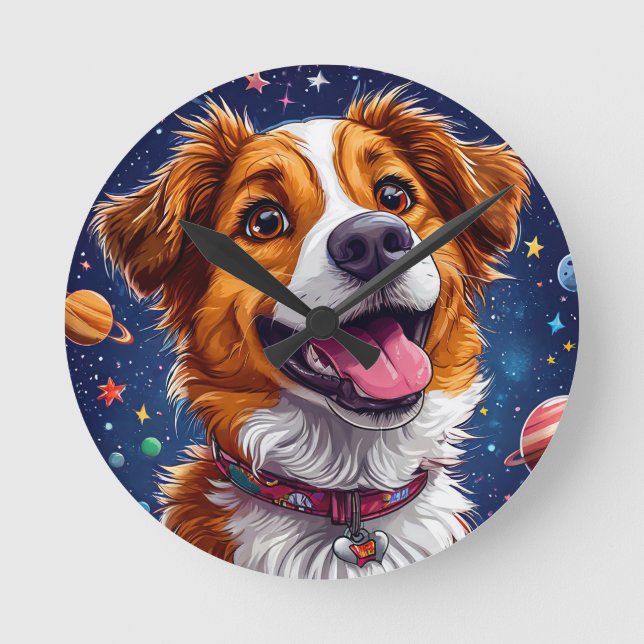 Playful Cartoon Dog with Vibrant Colours Round Clock (Front)