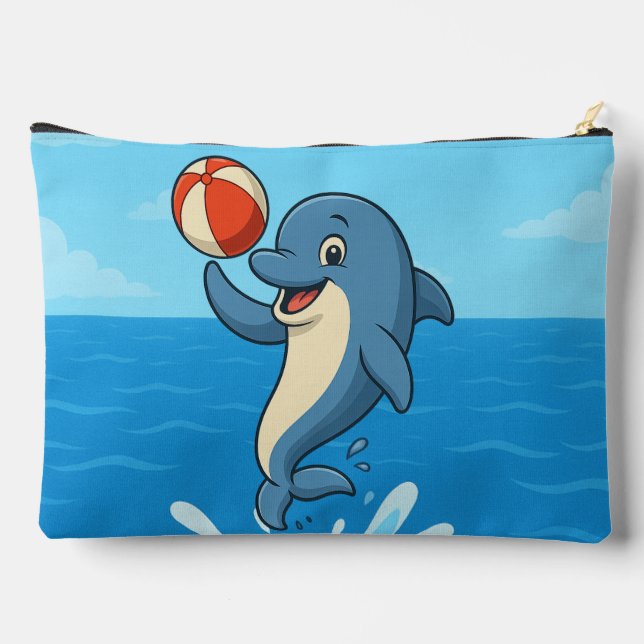 Playful Cartoon Dolphin with Beach Ball  Accessory Pouch (Back)