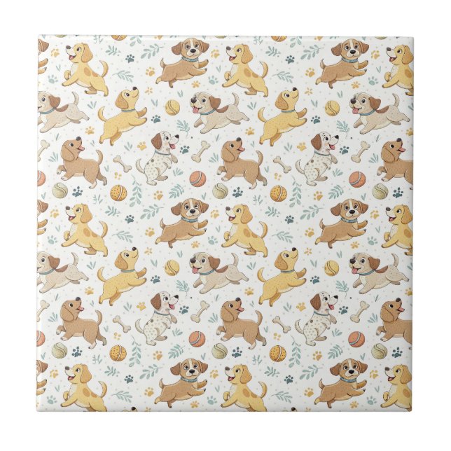 Playful Cartoon Puppy Dogs - Kids Design Pattern Tile (Front)