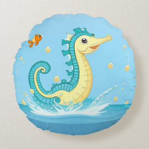 Playful Cartoon Seahorse in Blue Water Round Cushion