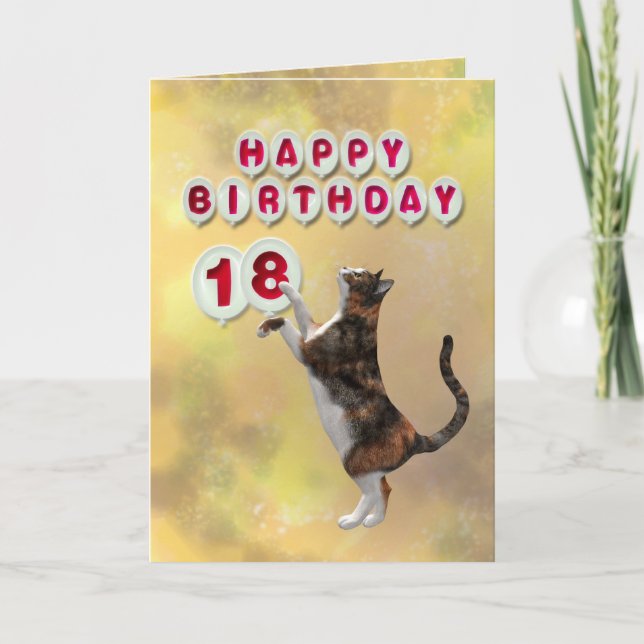 Playful cat and 18th Happy Birthday balloons Card (Front)
