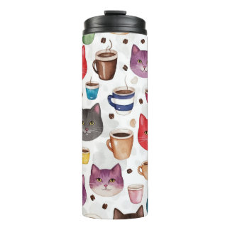 Playful Cat and Coffee Doodle Pattern Thermal Tumbler