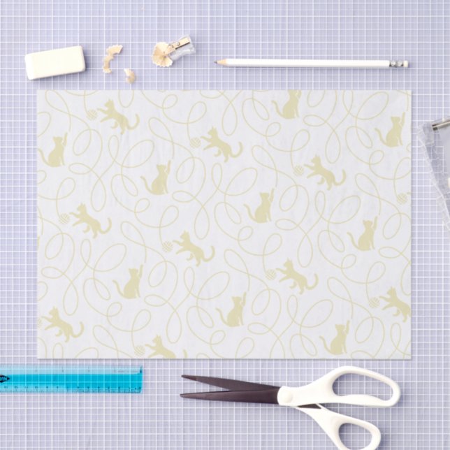 Playful Cat and Yarn Ball Pattern Light Beige Tissue Paper (Craft)