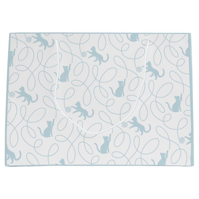Playful Cat and Yarn Ball Pattern Light Blue Large Gift Bag (Front)