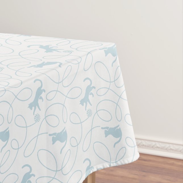 Playful Cat and Yarn Ball Pattern Light Blue Tablecloth (In Situ)