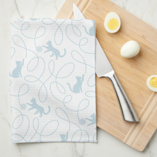 Playful Cat and Yarn Ball Pattern Light Blue Tea Towel