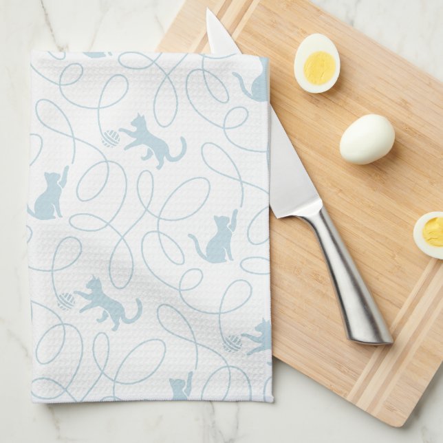 Playful Cat and Yarn Ball Pattern Light Blue Tea Towel (Quarter Fold)