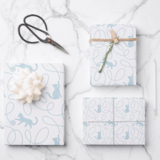 Playful Cat and Yarn Ball Pattern Light Blue Wrapping Paper Sheet