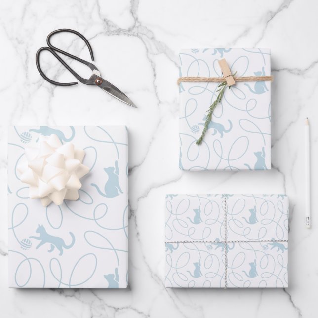 Playful Cat and Yarn Ball Pattern Light Blue Wrapping Paper Sheet (Front)