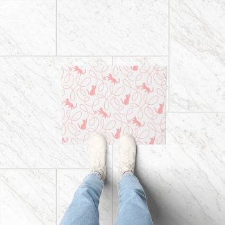 Playful Cat and Yarn Ball Pattern Light Coral Pink Doormat