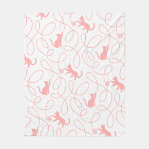 Playful Cat and Yarn Ball Pattern Light Coral Pink Fleece Blanket