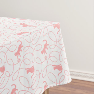 Playful Cat and Yarn Ball Pattern Light Coral Pink Tablecloth