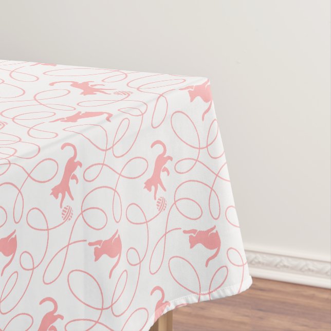 Playful Cat and Yarn Ball Pattern Light Coral Pink Tablecloth (In Situ)