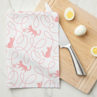 Playful Cat and Yarn Ball Pattern Light Coral Pink Tea Towel