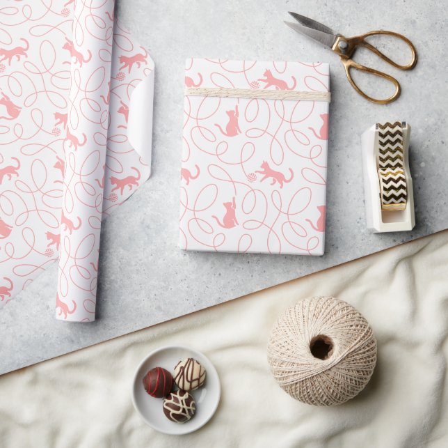 Playful Cat and Yarn Ball Pattern Light Coral Pink Wrapping Paper (Crafts)