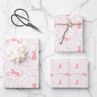 Playful Cat and Yarn Ball Pattern Light Coral Pink Wrapping Paper Sheet