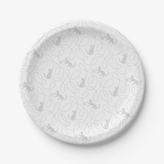 Playful Cat and Yarn Ball Pattern Light Grey Paper Plate (Front)
