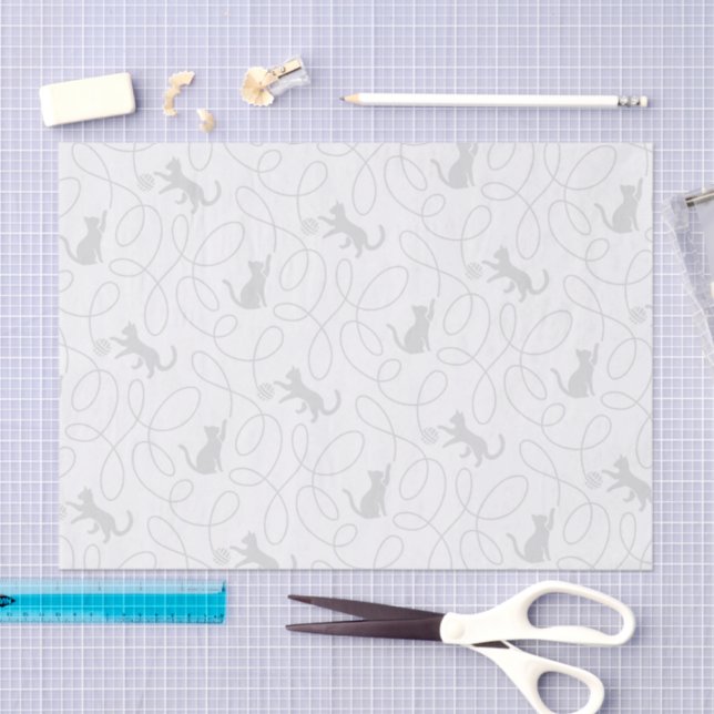 Playful Cat and Yarn Ball Pattern Light Grey Tissue Paper (Craft)