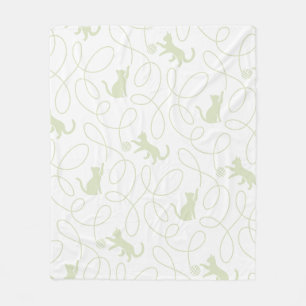 Playful Cat and Yarn Ball Pattern Light Sage Green Fleece Blanket