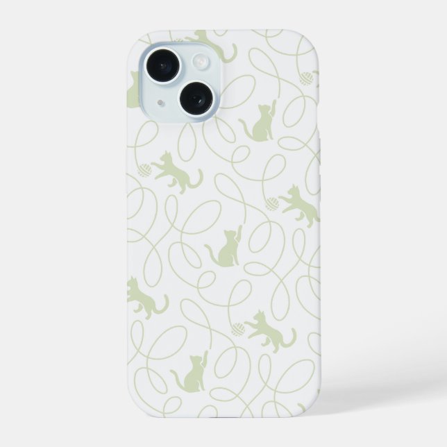 Playful Cat and Yarn Ball Pattern Light Sage Green iPhone 15 Case (Back)