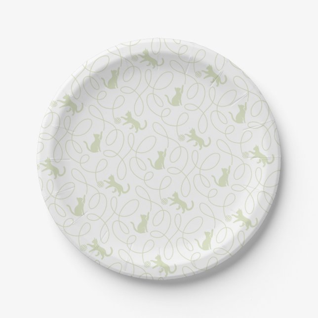Playful Cat and Yarn Ball Pattern Light Sage Green Paper Plate (Front)