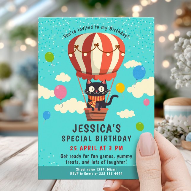 Playful Cat Balloon 1st Birthday Invitation (Creator Uploaded)