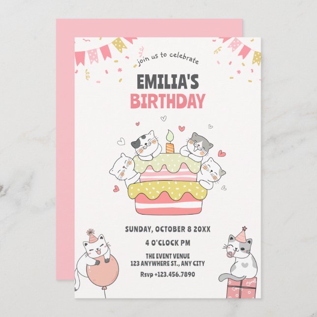 Playful cat birthday party  invitation (Front/Back)