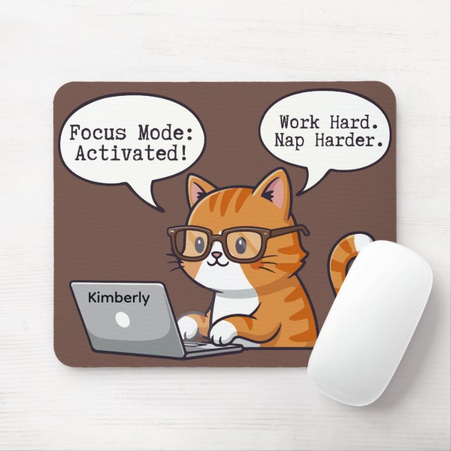 Playful Cat Design Custom Name Mouse Pad (With Mouse)