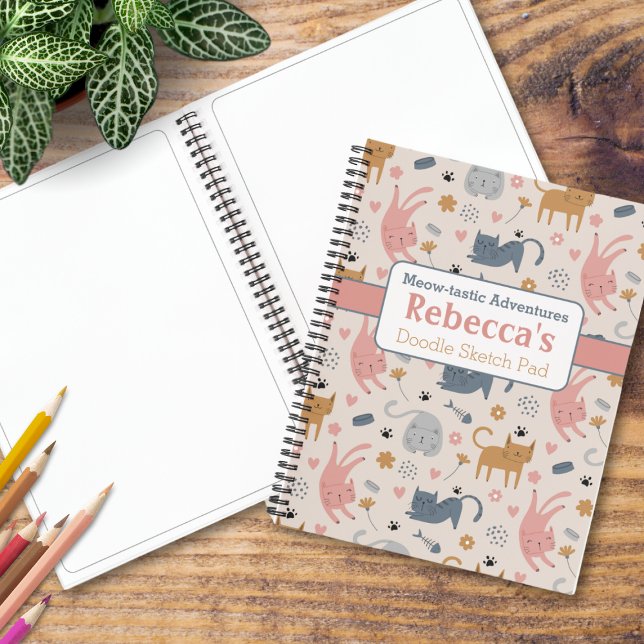 Playful Cat Doodle Pattern Meow-tastic Adventures Notebook (Introducing a delightful sketchbook for kids featuring a playful cat pattern with custom name.)