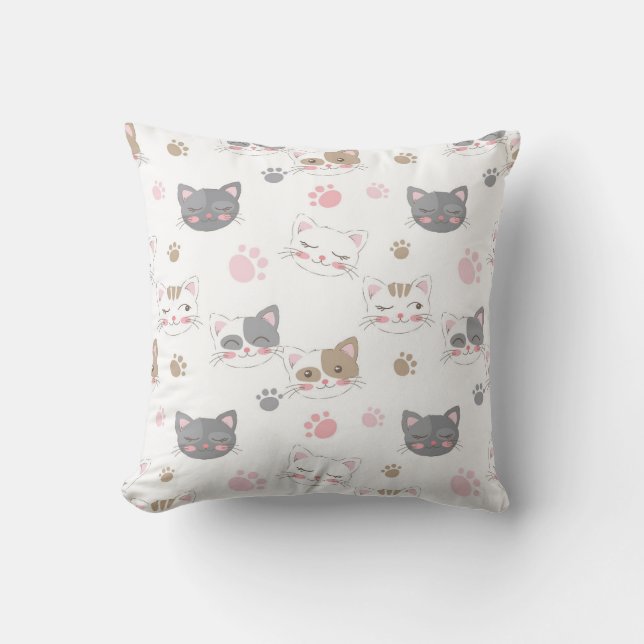 Playful Cat Faces and Paw Prints Cushion (Front)