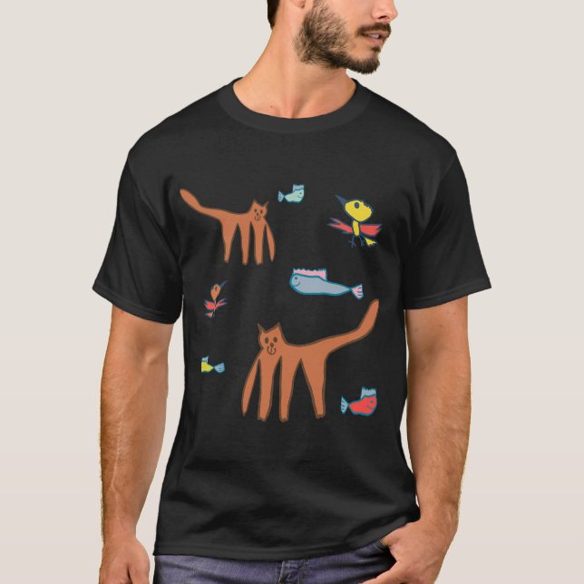 Playful Cat & Fish Pattern T-Shirt (Front)