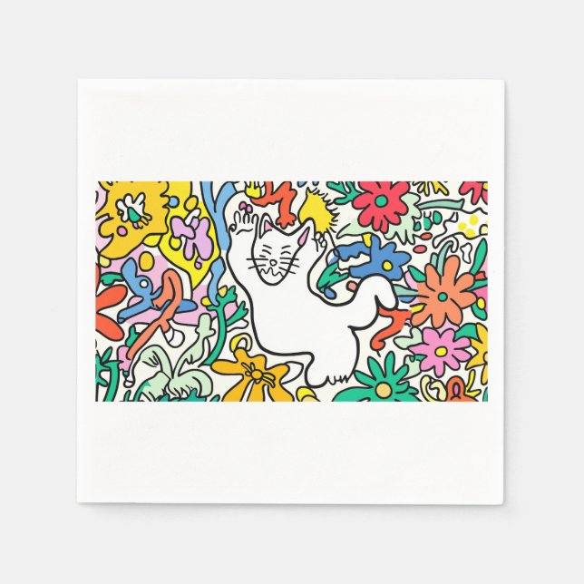 Playful Cat in a Floral Paradise" Napkin (Front)