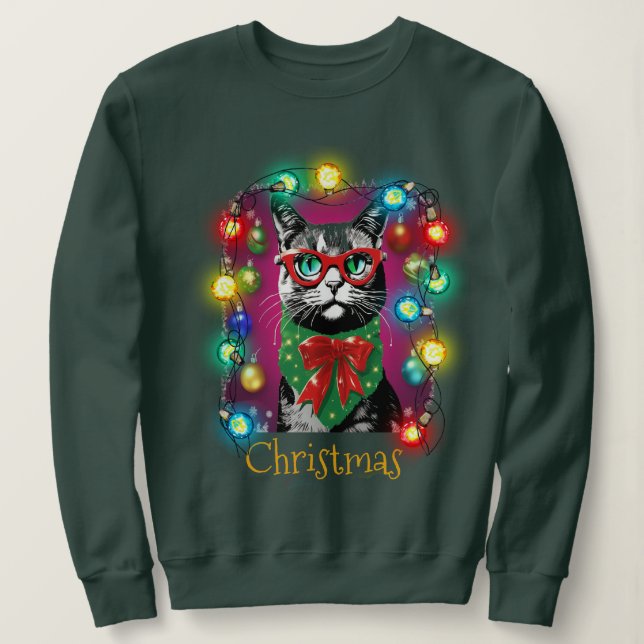 Playful Cat w/ Bright Christmas Lights decoration  Sweatshirt (Design Front)