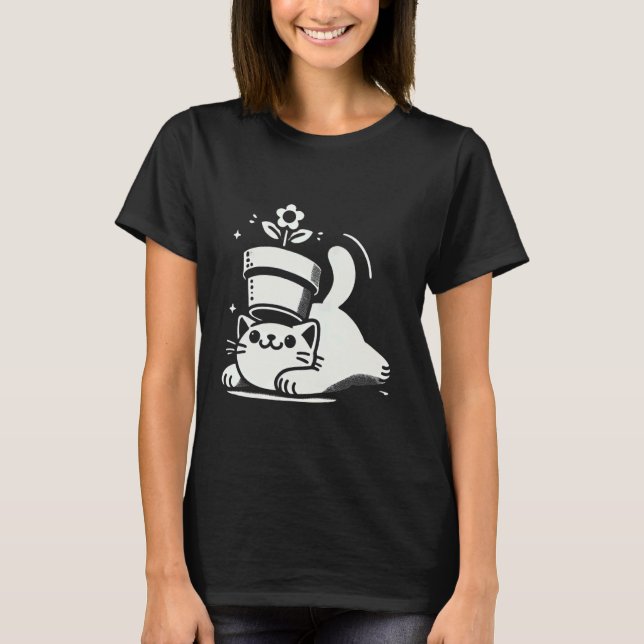 Playful Cat with Pot on Head Funny Halloween T-Shirt (Front)