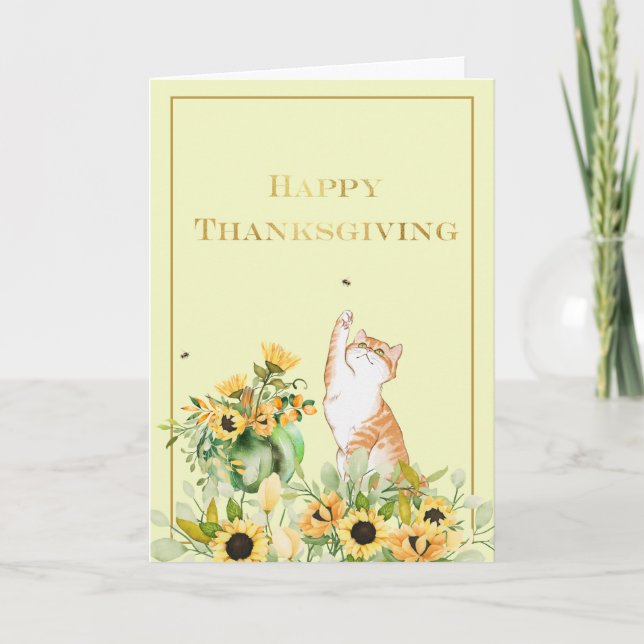 Playful Cat with Sunflowers Card (Front)