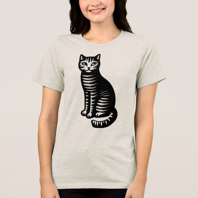 Playful Cat Woodcut Style Tri-Blend Shirt (Front)