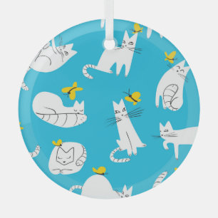 Playful Cats and Butterflies Pattern Glass Tree Decoration