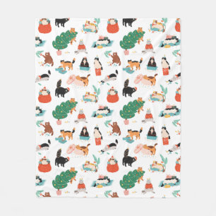 Playful Cats and Christmas Trees Pattern Fleece Blanket