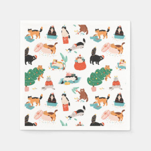 Playful Cats and Christmas Trees Pattern Napkin