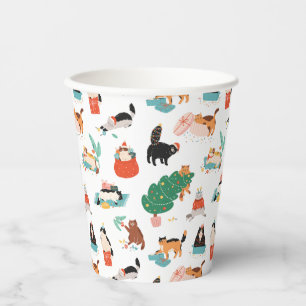 Playful Cats and Christmas Trees Pattern Paper Cups