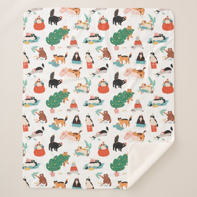 Playful Cats and Christmas Trees Pattern Sherpa Blanket (Front)