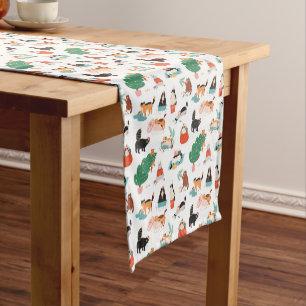 Playful Cats and Christmas Trees Pattern Short Table Runner