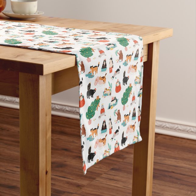 Playful Cats and Christmas Trees Pattern Short Table Runner (In Situ)
