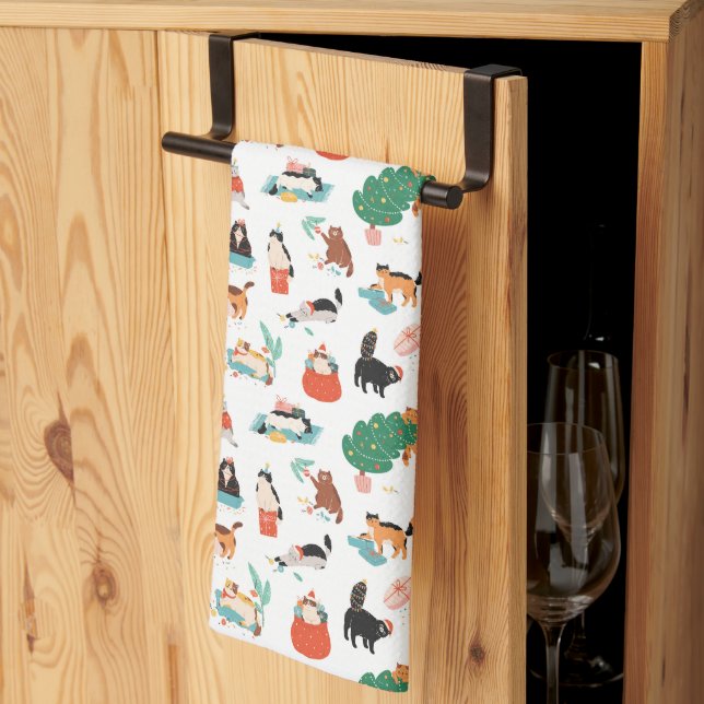 Playful Cats and Christmas Trees Pattern Tea Towel (Thirds Fold)