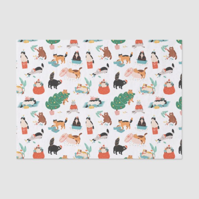 Playful Cats and Christmas Trees Pattern Tissue Paper (Front)