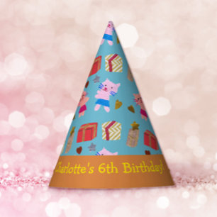 Playful Cats and Gifts Blue Orange Kids Birthday Party Hat