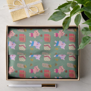 Playful cats and gifts moss green Christmas Tissue Paper