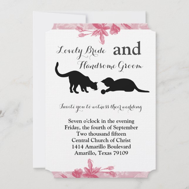 Playful Cats Pink Floral Wedding Invitation (Front)
