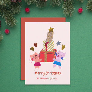 Playful cats with gift boxes baby pink holiday card