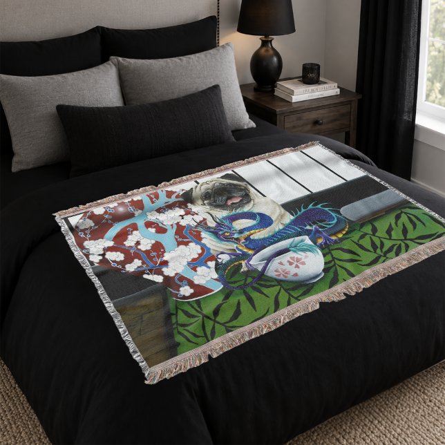 Playful Charming Pug Dog Japanese Dragon Throw Blanket (Creator Uploaded)